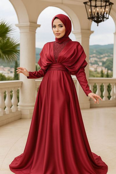 Neva Style Βραδινό φόρεμα με χάντρες μπορντό Hijab 22451br