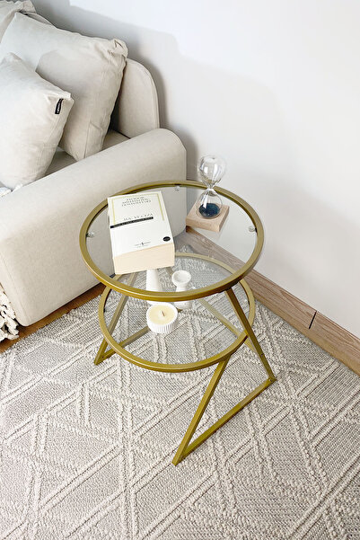 DEKOPRATİK Valencia Yan Sehpa - Gold Metal Şeffaf Camlı Çok Amaçlı Yan Sehpa