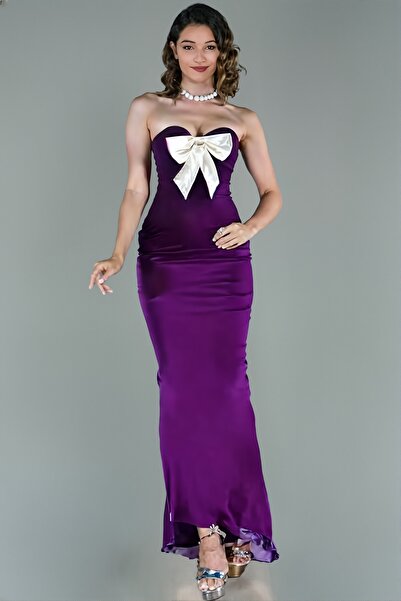 ALFUDO Moda Collection Kadın Midi Fiyonk Detaylı Abiye Mor Elbise