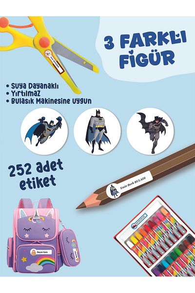 YUNUS COPY School Label Pen Notebook Label Betmen Themed Special Name Writable Label - 252Pcs