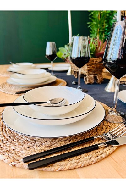 CASA DE BELLA Modern Siyah Çizgili 24 Parça 6 Kişilik Yemek Takımı