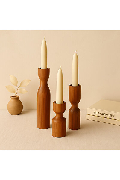 mebaconcept Doğal Ahşap Tik Renk 3'lü Set 18-14-10 Cm Şamdan Rustik Modern Vi...