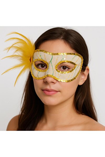 BilfolD قناع حفلات مطرز بالترتر والريش ذهبي اللون مقاس 23 × 12 سم