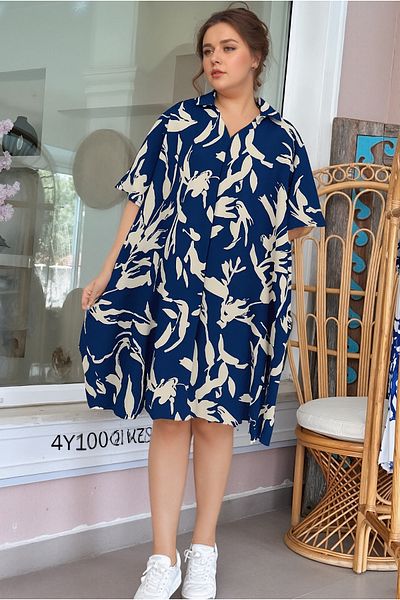 Modasultan Polo V-Neck Patterned Midi Length Double Pocket Viscose Dress