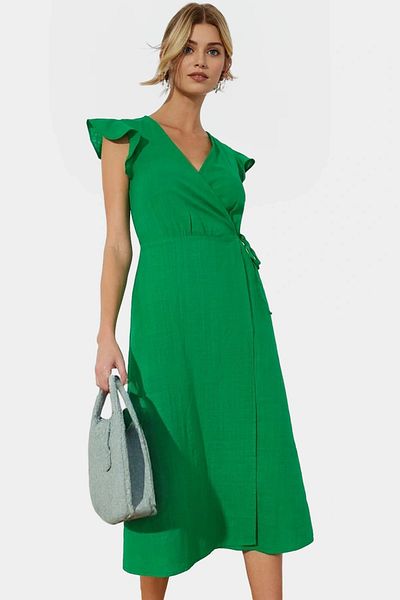 PayBuy Summer Linen Look Midi Dress Double Breasted V Neck Short Sleeve Design High Quality Durable Material