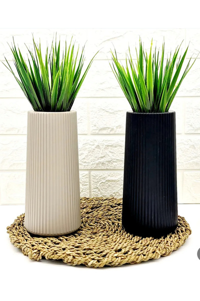Home Motiev Çimenli Çizgili Dekoratif Vazo Ikili - Siyah & Krem