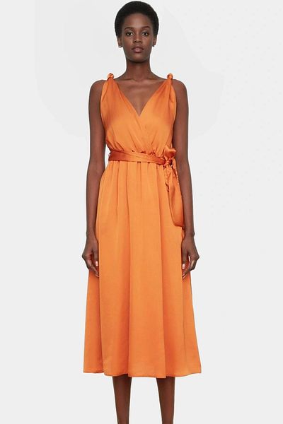 PayBuy Midi Length A-Line Satin Evening Dress Belted Summer Woven Stylish Look for Daily Use