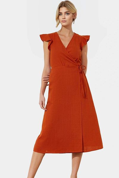 PayBuy Summer Linen Look Midi Dress Double Breasted V Neck Short Sleeve Design High Quality Durable Material