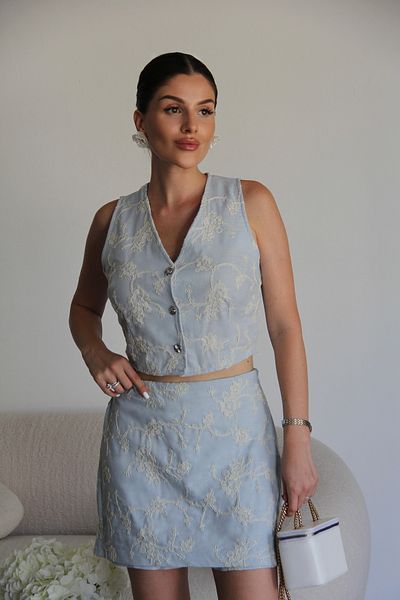 Julidress Blue Embroidered Vest Shorts Skirt Bottom Top Premium Linen Suit