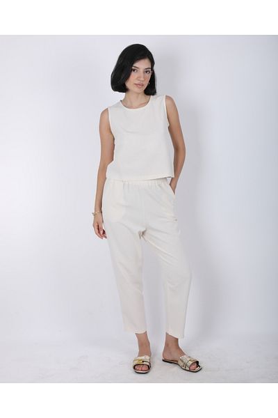 DEQ FASHION Women's Natural Beige Zero Sleeve Blouse Elastic Waist Trousers Linen Bottom Top Set