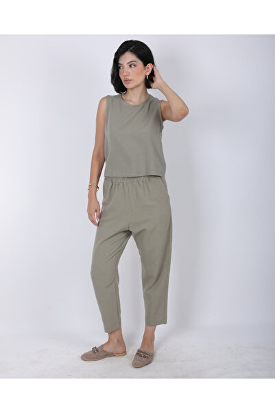 deqfashion Women's Khaki Green Zero Sleeve Blouse Elastic Waist Pants Linen Bottom Top Set