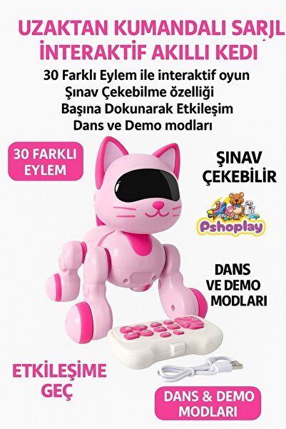 Pshoplay Uzaktan Kumandalı Şarjlı İnteraktif Akıllı Kedi - 30 Farklı Eylem ve Dans Özelliği
