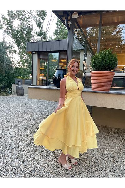 Tumtum Wear Halter Neck Ruffle Detailed Flared Yellow Dress