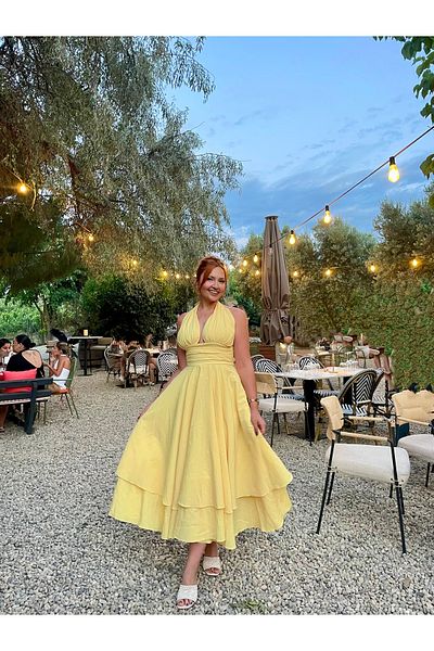 Tumtum Wear Halter Neck Ruffle Detailed Flared Yellow Dress