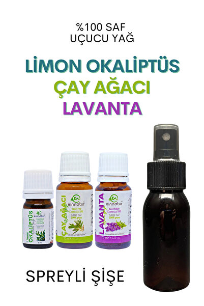 EinNatur Okaliptüs Limon 5 Ml, Çay Ağacı 10 Ml, Lavanta Uçucu Yağı 10 Ml, Spr...