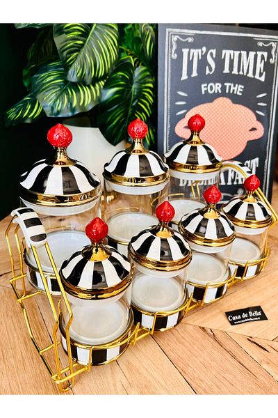 CASA DE BELLA Avangard 8 Piece Porcelain Glass Top Black and White Spice Rack Set with Metal Stand