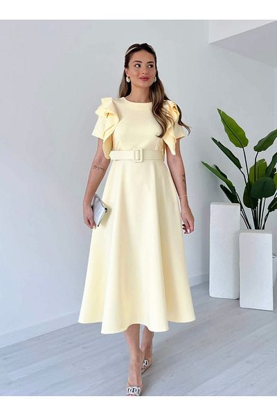 Afiş Butik Yellow Belted Layered Shoulder Detailed Midi Dress