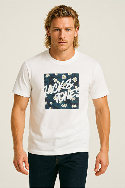 Jack & Jones J&J T-Shirt Erkek Göğüs Logo Baskılı Tişört Beyaz