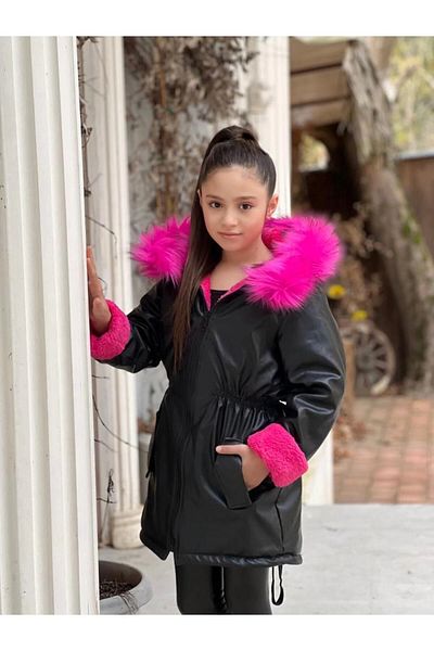 DUDOR KİDS Girl's Fuchsia Welsoft Fur Hood Black Leather Coat-Coat
