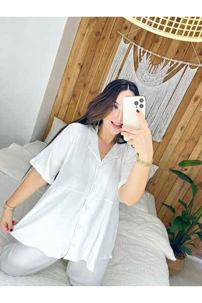 ByGamzeArman Front Buttoned Wrinkle Fabric Short Sleeve Pleated Pajama Set