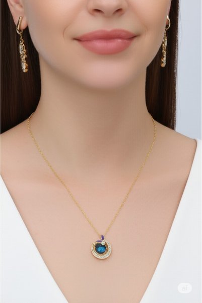 Misens Butterfly Detailed Sky Zircon Stone Necklace 316L Stainless Steel