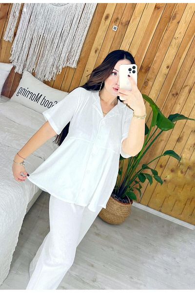 ByGamzeArman Front Buttoned Wrinkle Fabric Short Sleeve Pleated Pajama Set