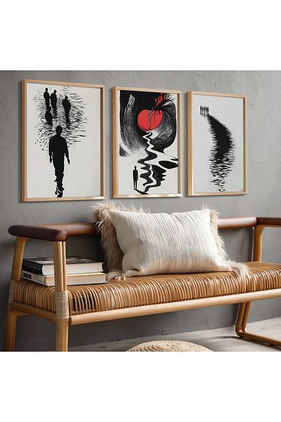 HİGUERA Set de pictură murală cu rame din lemn natural triplu de artă abstractă alb-negru