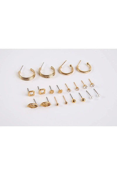 MakeWell Kedi Yıldız Yonca Dörtgen Tasarımlı Halka Ve Top Küpeli Zirkon Taşlı Gold Kaplamalı 10lu Küpe Seti