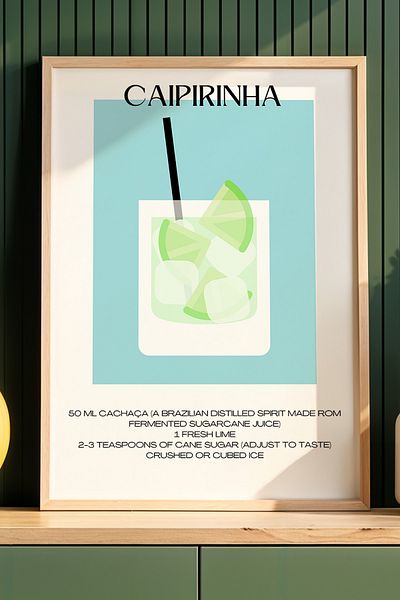 HİGUERA Caipirinha Cocktail BAR cu fundal albastru Tablou de perete de bucătărie cu cadru din lemn natural
