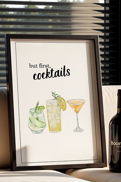 HİGUERA Cocktail Ilustrație BAR Tablou de perete de bucătărie cu rame din lemn natural
