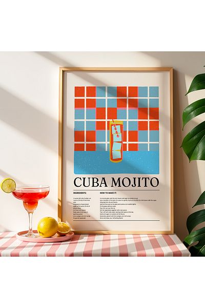 HİGUERA Cuba Mojito BAR Tablou de perete de bucătărie cu cadru din lemn natural