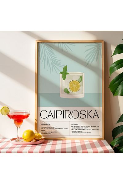 HİGUERA Caipiroska Cocktail BAR Tablou de perete de bucătărie cu cadru din lemn natural
