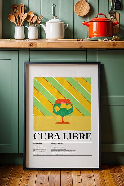 HİGUERA Cocktail BAR Cuba Libre Tablou de perete de bucătărie cu cadru din lemn natural