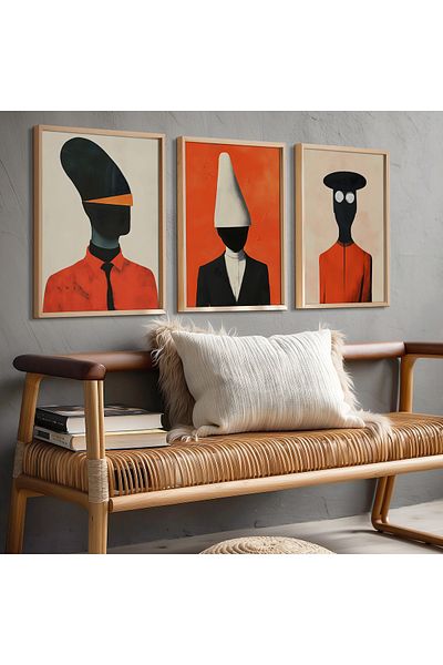 HİGUERA Figură umană abstractă Triple Reds Set de pictură murală abstractă din lemn natural