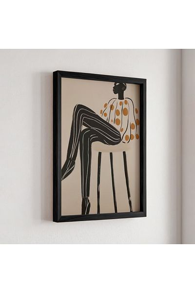 HİGUERA Desen elegant de portret, alb-negru, cu dungi verticale, pictură într-un cadru din lemn natural