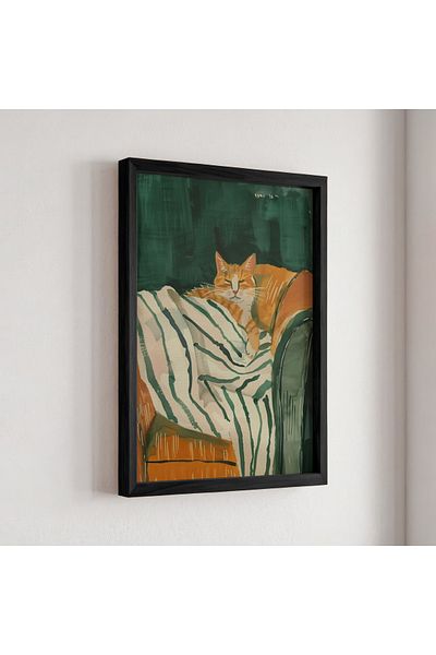 HİGUERA Pictură de perete cu cadru din lemn natural de pisică în odihnă în ton verde minimalist