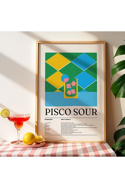 HİGUERA Pisco Sour Cocktail BAR Tablou de perete de bucătărie cu cadru din lemn natural