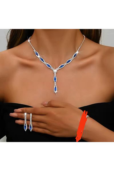 Mihra Aksesuar Necklace Earrings Set Blue Stone