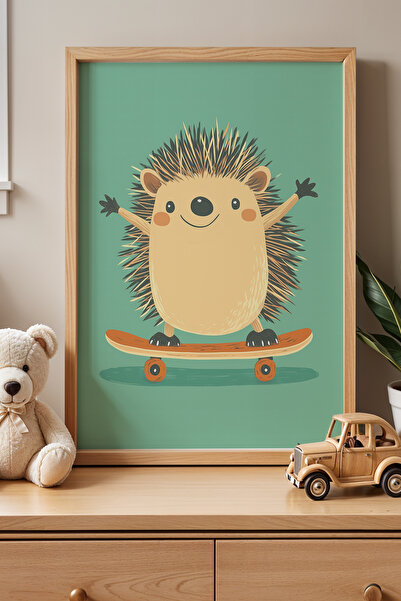 HİGUERA Πίνακας τοίχου με ξύλινο πλαίσιο Skateboarder Hedgehog για παιδικό δω...
