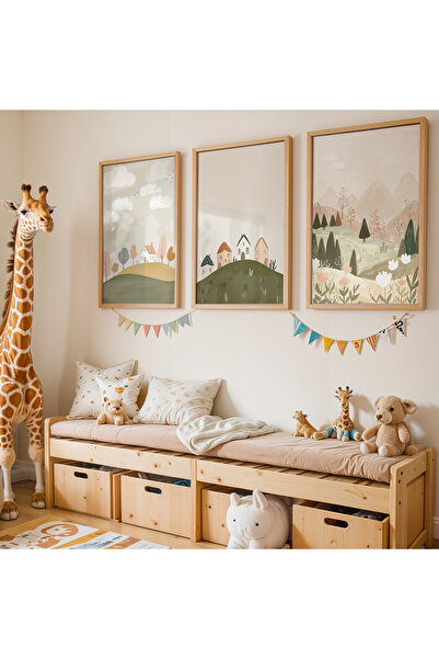 HİGUERA 3'lü Masalsı Doğa Manzarası Doğal Ahşap Çerçeveli Çocuk Odası ve Bebe...