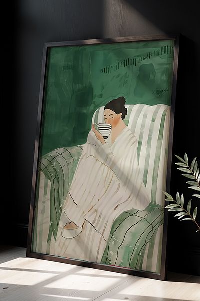 HİGUERA Pictură de perete cu cadru din lemn natural cu tematică de cafea caldă
