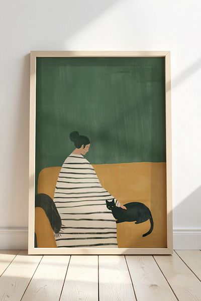 HİGUERA Pictură de perete cu cadru din lemn natural Cat and Woman Artistic Minimal Touch