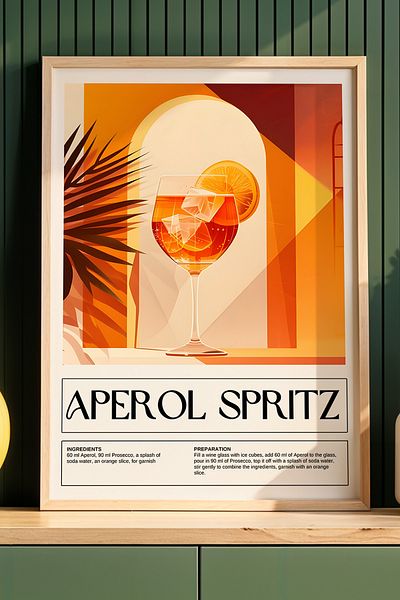 HİGUERA Aperol Spritz Ilustrație colorată BAR Tablou de perete de bucătărie cu cadru din lemn natural