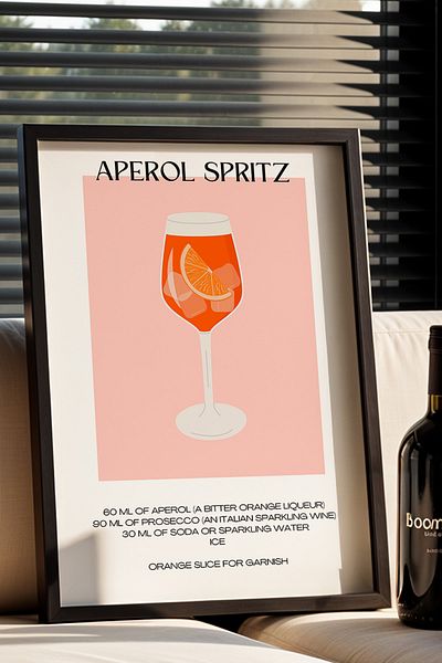 HİGUERA Aperol Spritz Minimalist Cocktail BAR Tablou de perete de bucătărie cu cadru din lemn natural