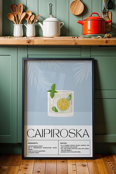 HİGUERA Caipiroska Cocktail Modern BAR Tablou de perete de bucătărie cu cadru din lemn natural