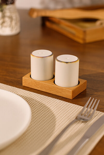 AzzaWood Keramika Seramik Tuzluk & Karabiberlik Seti -Ahşap Altlıklı - Reakti...