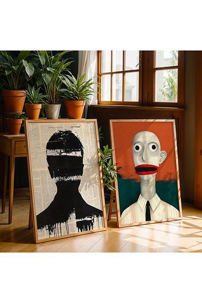 HİGUERA Figurine umane Set de pictură murală cu rame din lemn natural dublu abstract roșu