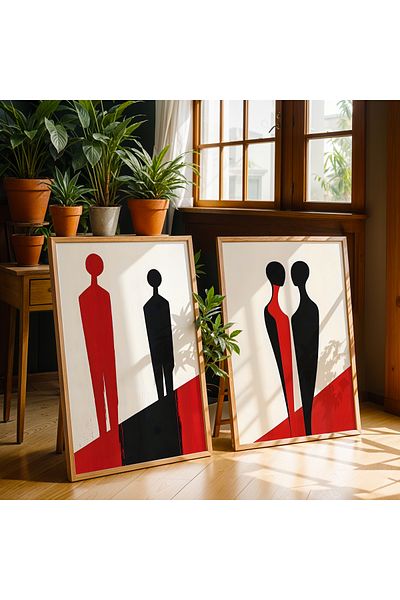 HİGUERA Figurine umane Set de pictură murală cu rame din lemn natural dublu abstract roșu