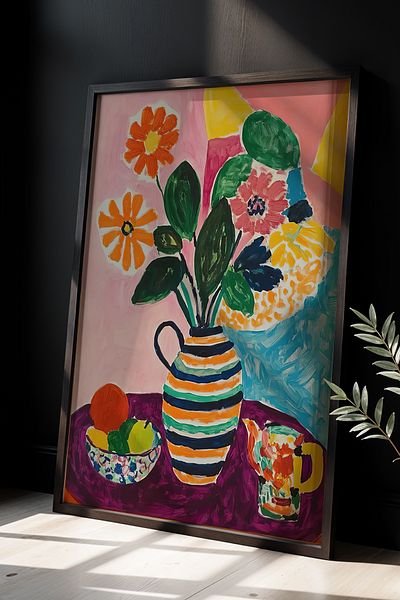 HİGUERA Fructe de flori vii - Pictură decorativă colorată într-un cadru din lemn natural