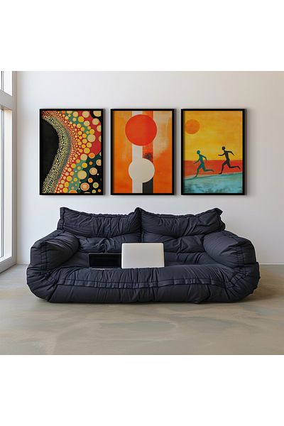 HİGUERA Desen abstract Roșu Abstract Triplu Pictură de perete înrămată din lemn natural